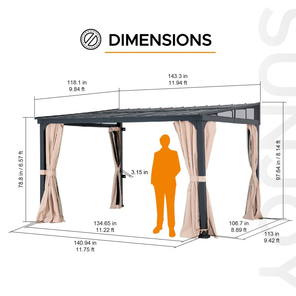 SUNJOY 10x12 Metal Roof Lean to Gazebo, Wall Mounted Gazebo with Curtains and Netting - Image 3