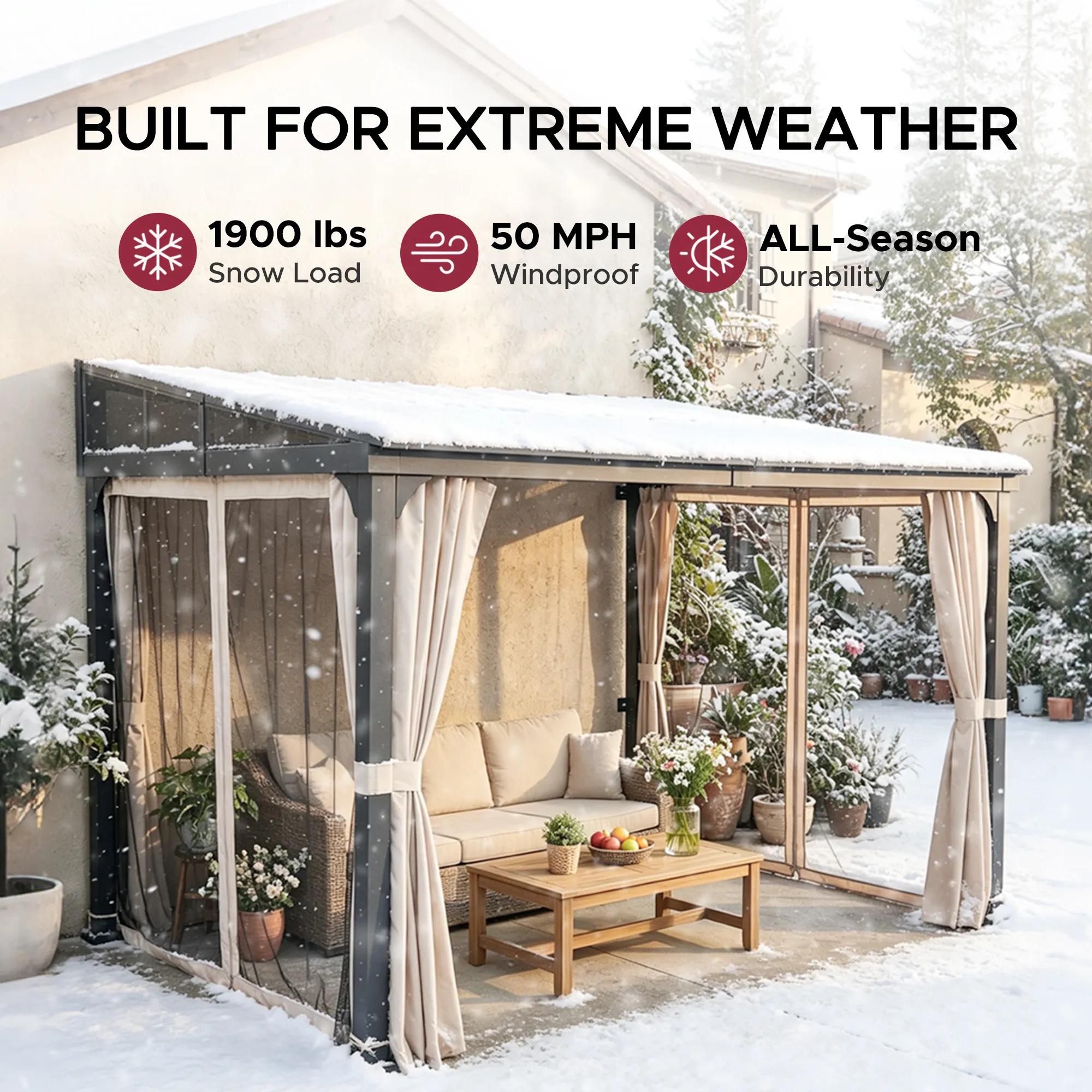 SUNJOY 10x12 Metal Roof Lean to Gazebo, Wall Mounted Gazebo with Curtains and Netting - Image 7
