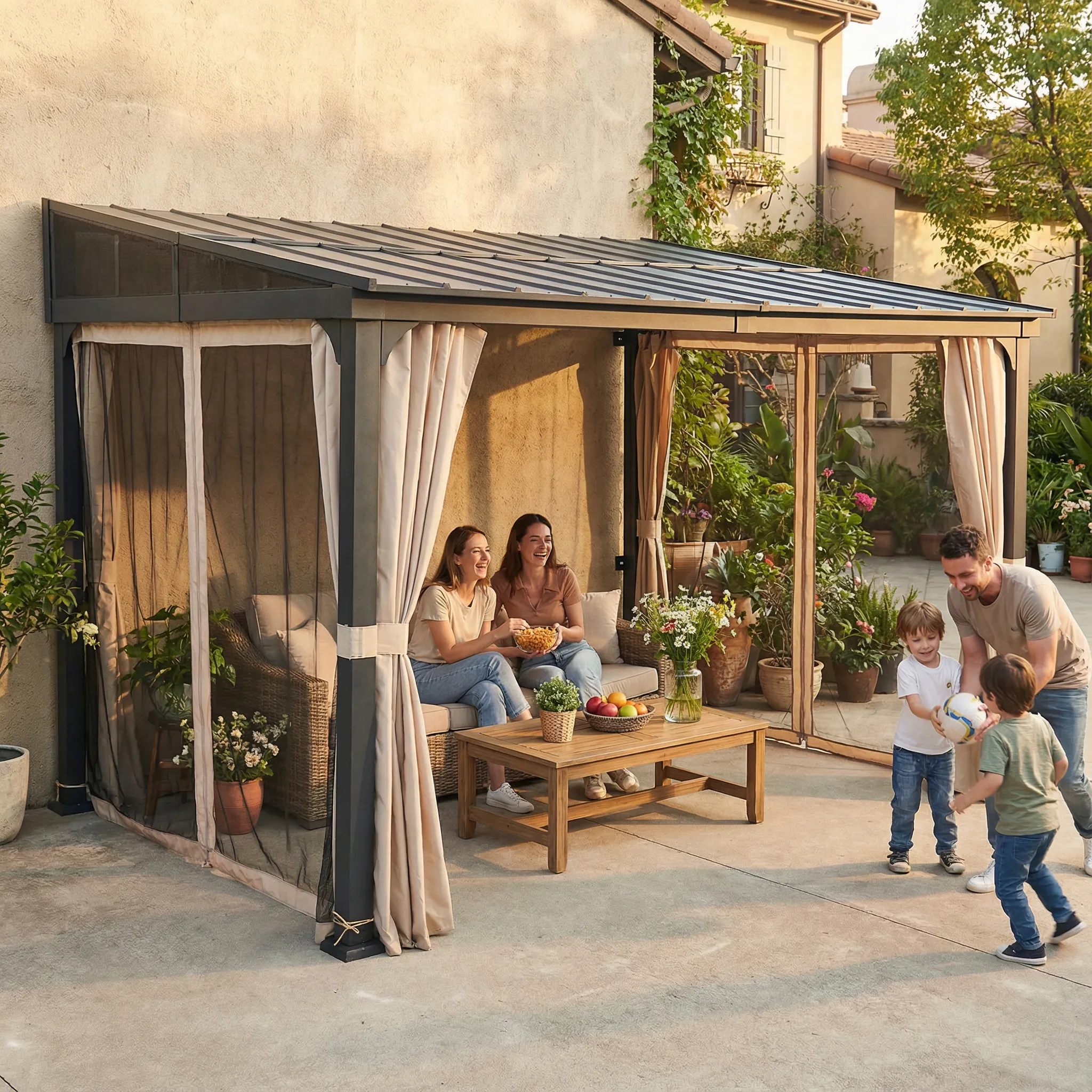 SUNJOY 10x12 Metal Roof Lean to Gazebo, Wall Mounted Gazebo with Curtains and Netting - Image 9