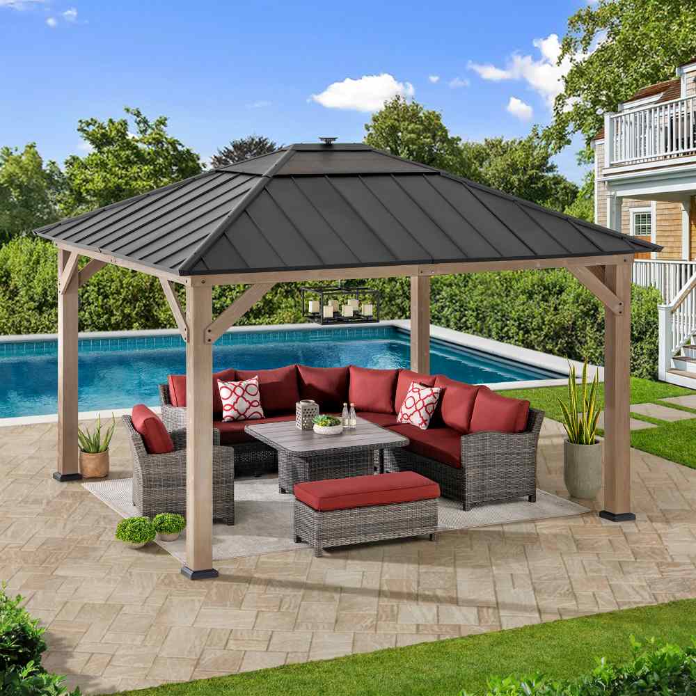 Smart Solar Wooden Gazebo with Integrated LED 11' x 13' - Weathered Cedar - Image 11