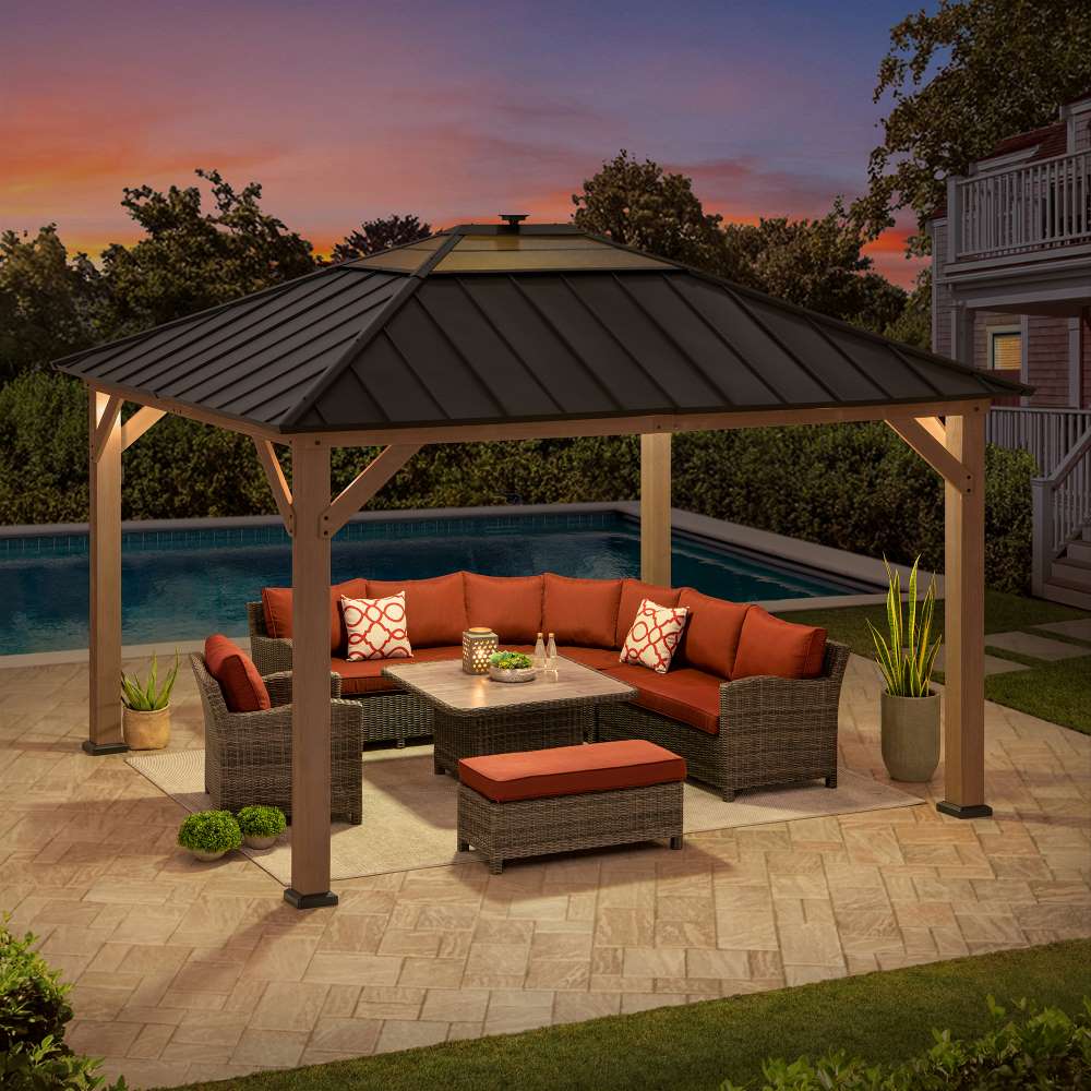 Smart Solar Wooden Gazebo with Integrated LED 11' x 13' - Weathered Cedar - Image 12