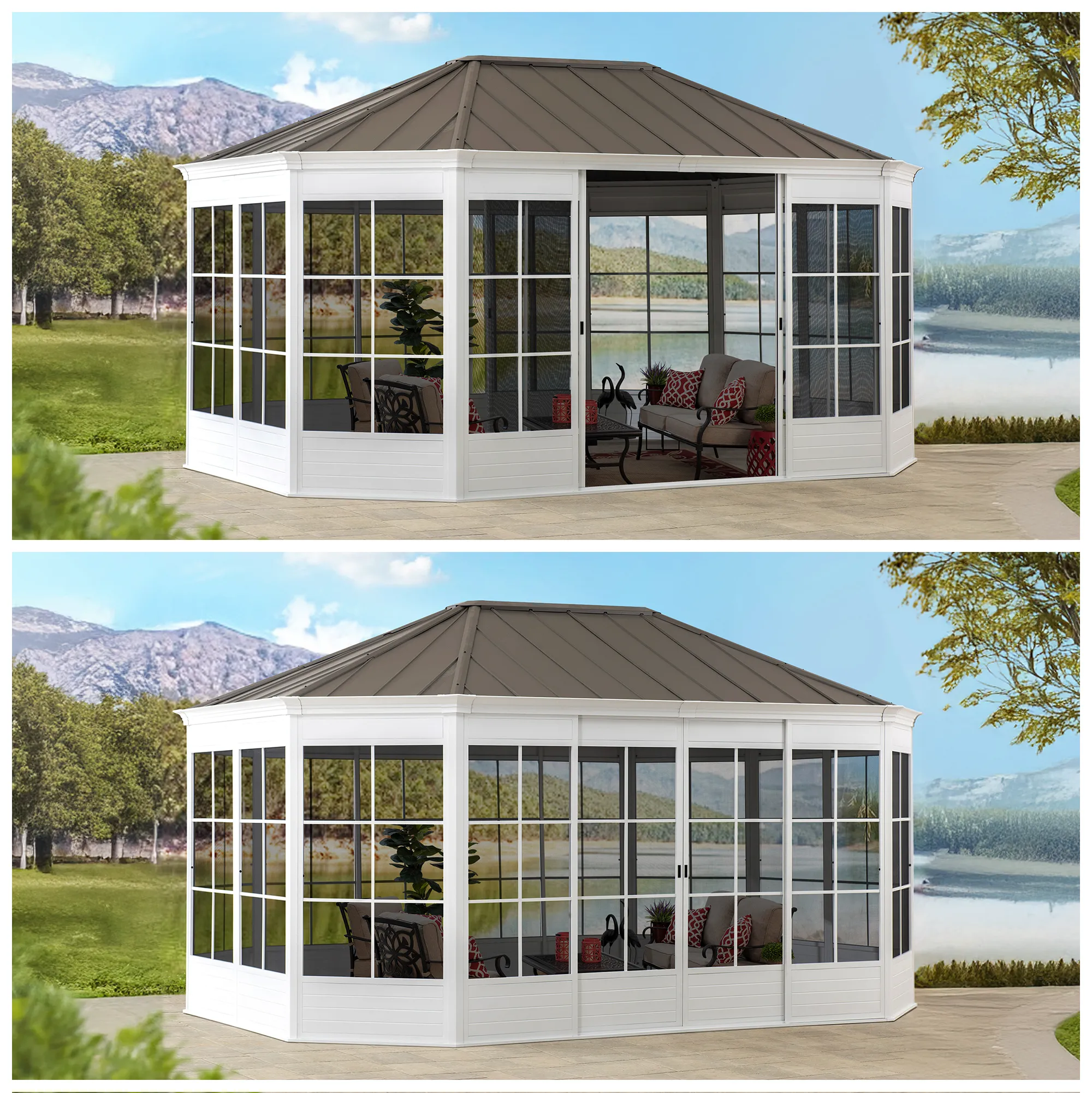 SUNJOY 12 ft. x 16 ft. Cape Blue Hardtop Screenhouse - White/Tan - Image 3