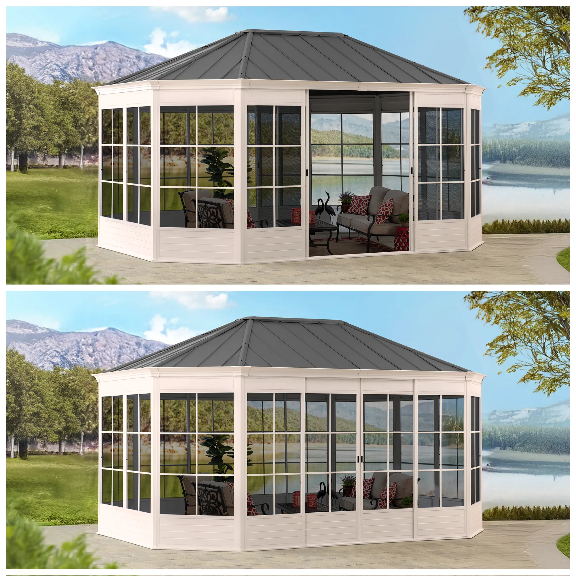 SUNJOY 12 ft. x 16 ft. Cape Blue Hardtop Screenhouse - White/Tan - Image 9