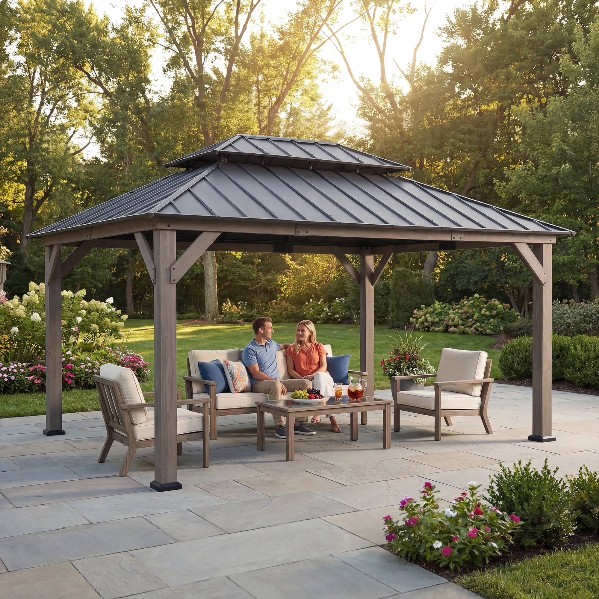 Premium Double-Tier Cedar Gazebo 12' x 16' - Driftwood Cedar - Image 3