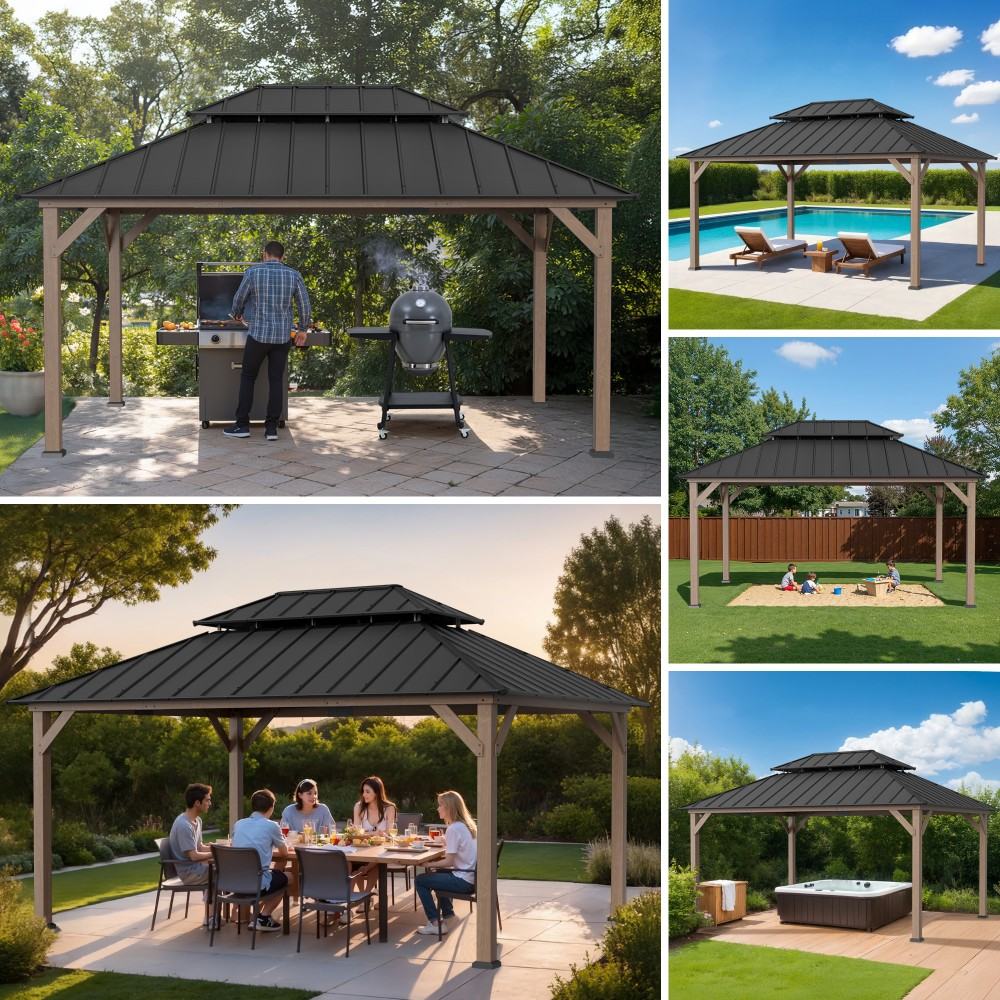 Premium Double-Tier Cedar Gazebo 12' x 16' - Weathered Cedar - Image 10