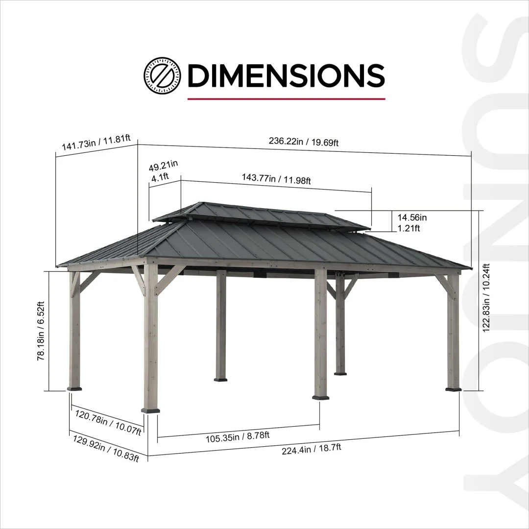 Double-Tier Wooden Hardtop Gazebo 12' x 20' - Driftwood Cedar - Image 3