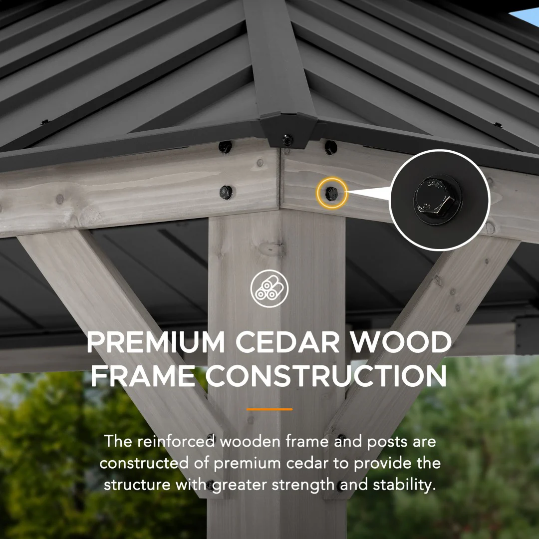 Double-Tier Wooden Hardtop Gazebo 12' x 20' - Driftwood Cedar - Image 5