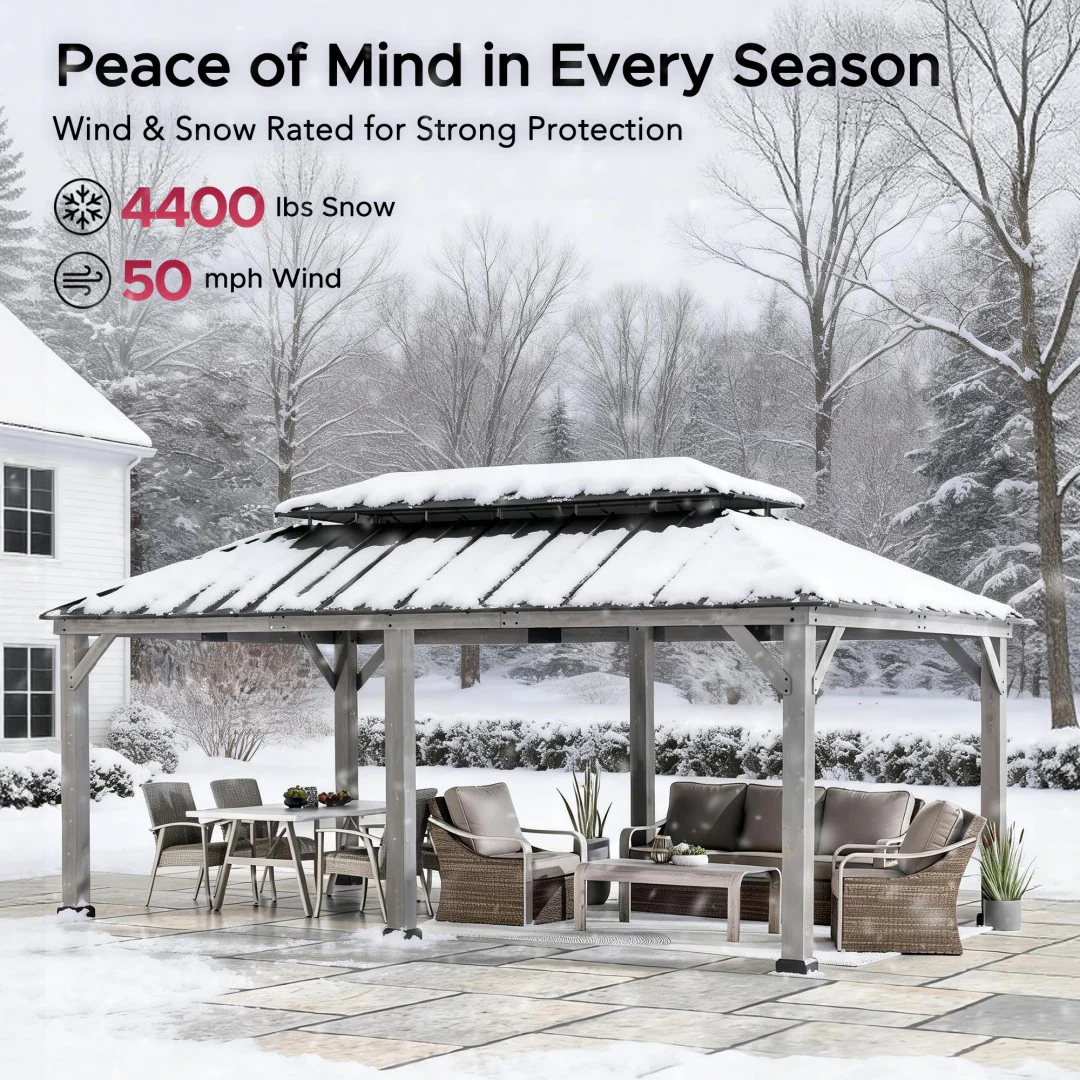 Double-Tier Wooden Hardtop Gazebo 12' x 20' - Driftwood Cedar - Image 9
