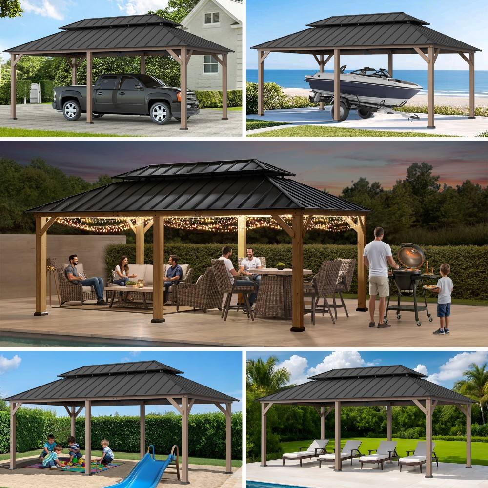 Double-Tier Wooden Hardtop Gazebo 12' x 20' - Weathered Cedar - Image 11