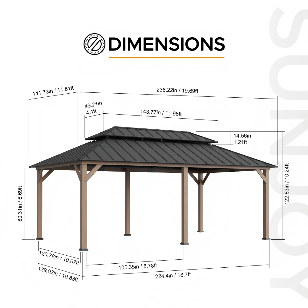 Double-Tier Wooden Hardtop Gazebo 12' x 20' - Weathered Cedar - Image 3