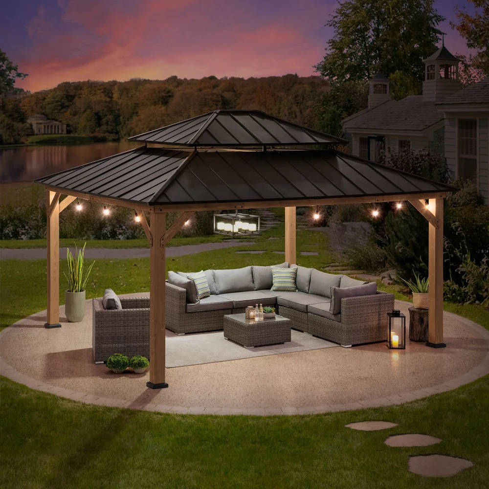Grand Double-Tier Wooden Gazebo 13' x 15' - Weathered Cedar - Image 11