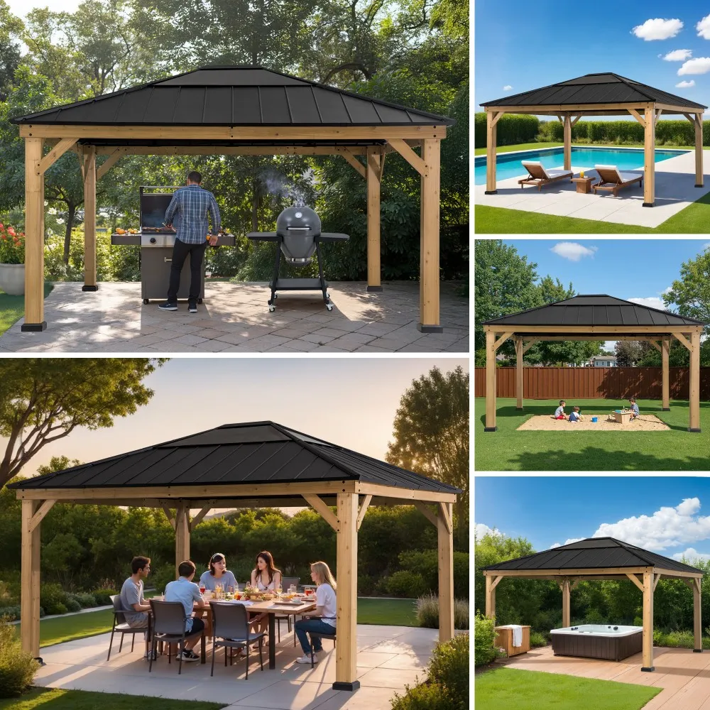 Classic Wooden Hardtop Gazebo 13' x 15' - Natural Cedar - Image 12
