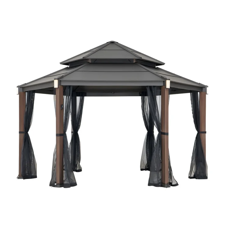 Ashland Solar Hexagon Hardtop Gazebo 15' x 15' - Woodgrain