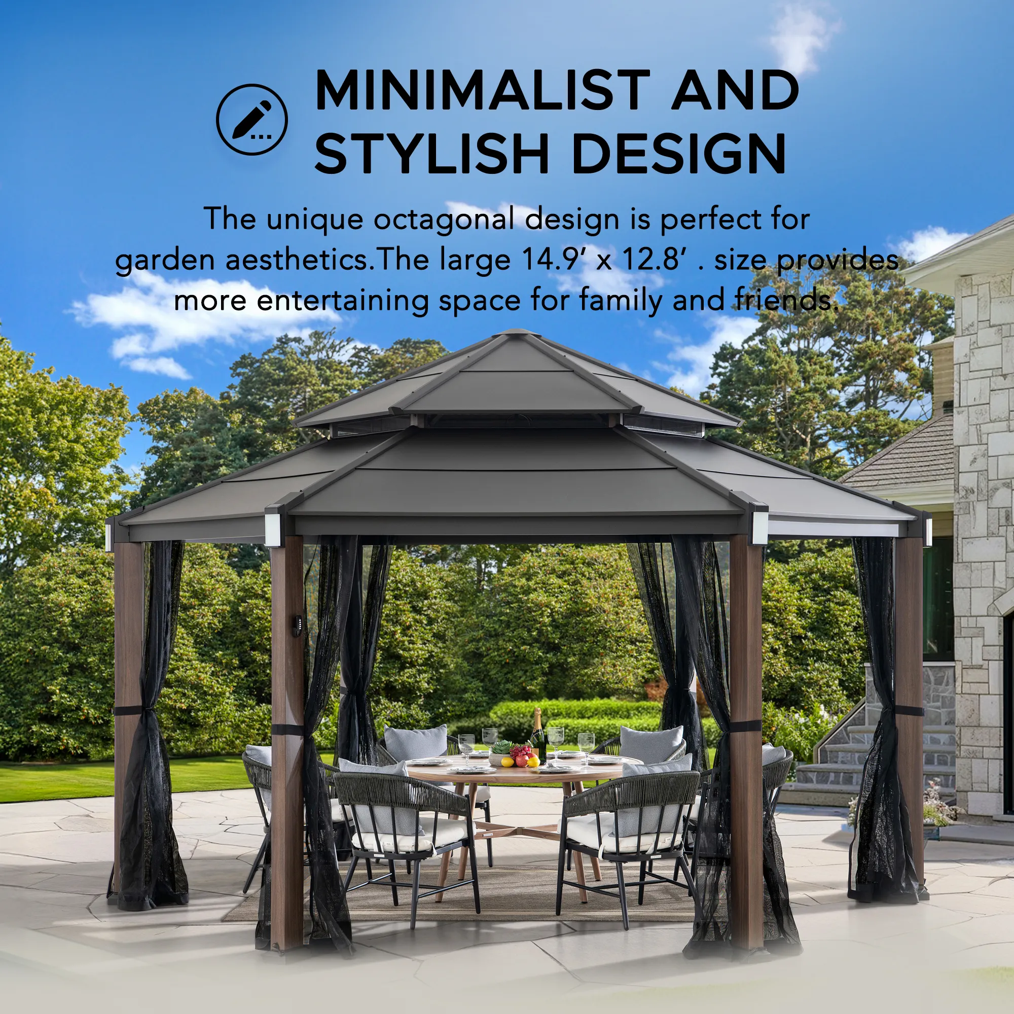 Ashland Solar Hexagon Hardtop Gazebo 15' x 15' - Woodgrain - Image 16