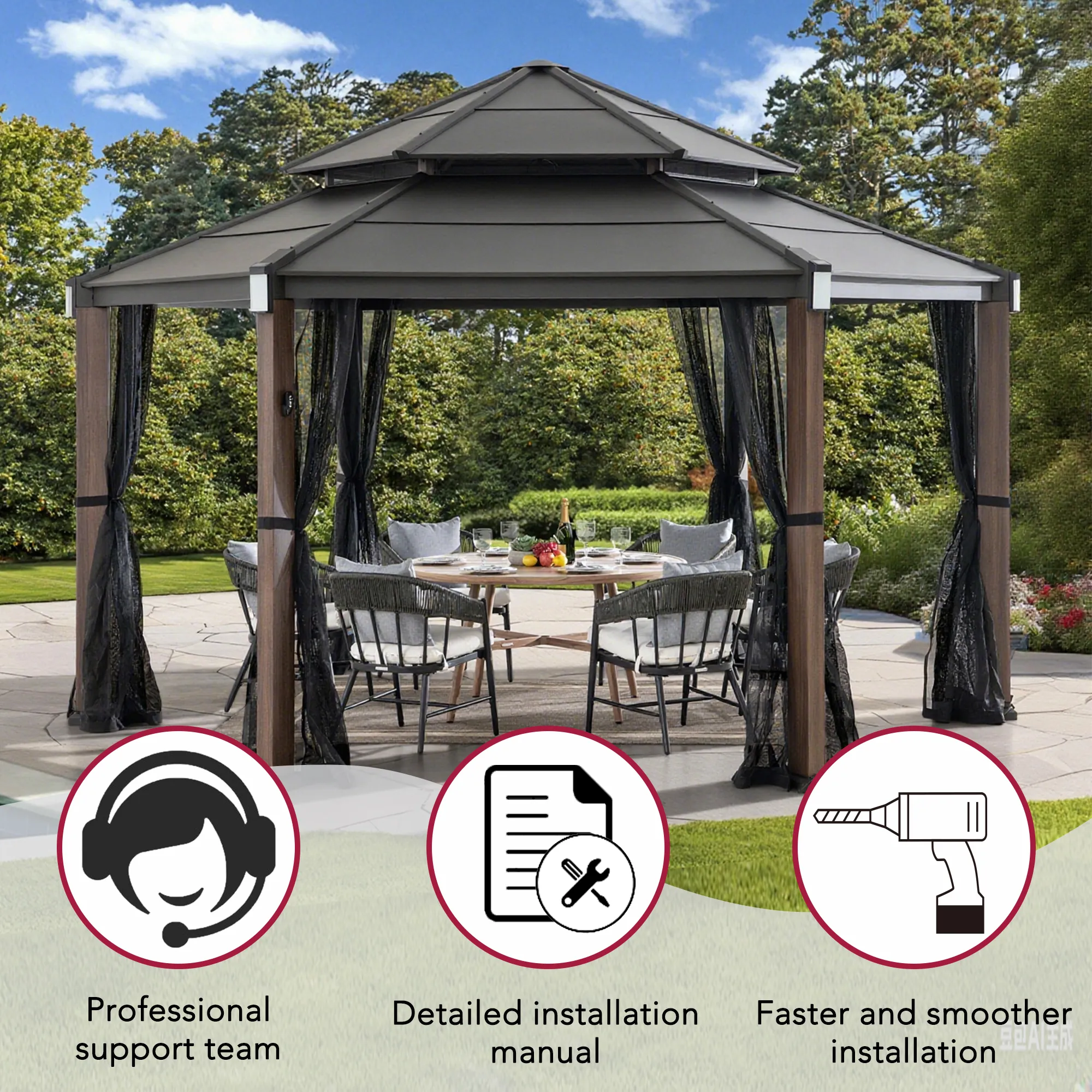 Ashland Solar Hexagon Hardtop Gazebo 15' x 15' - Woodgrain - Image 17