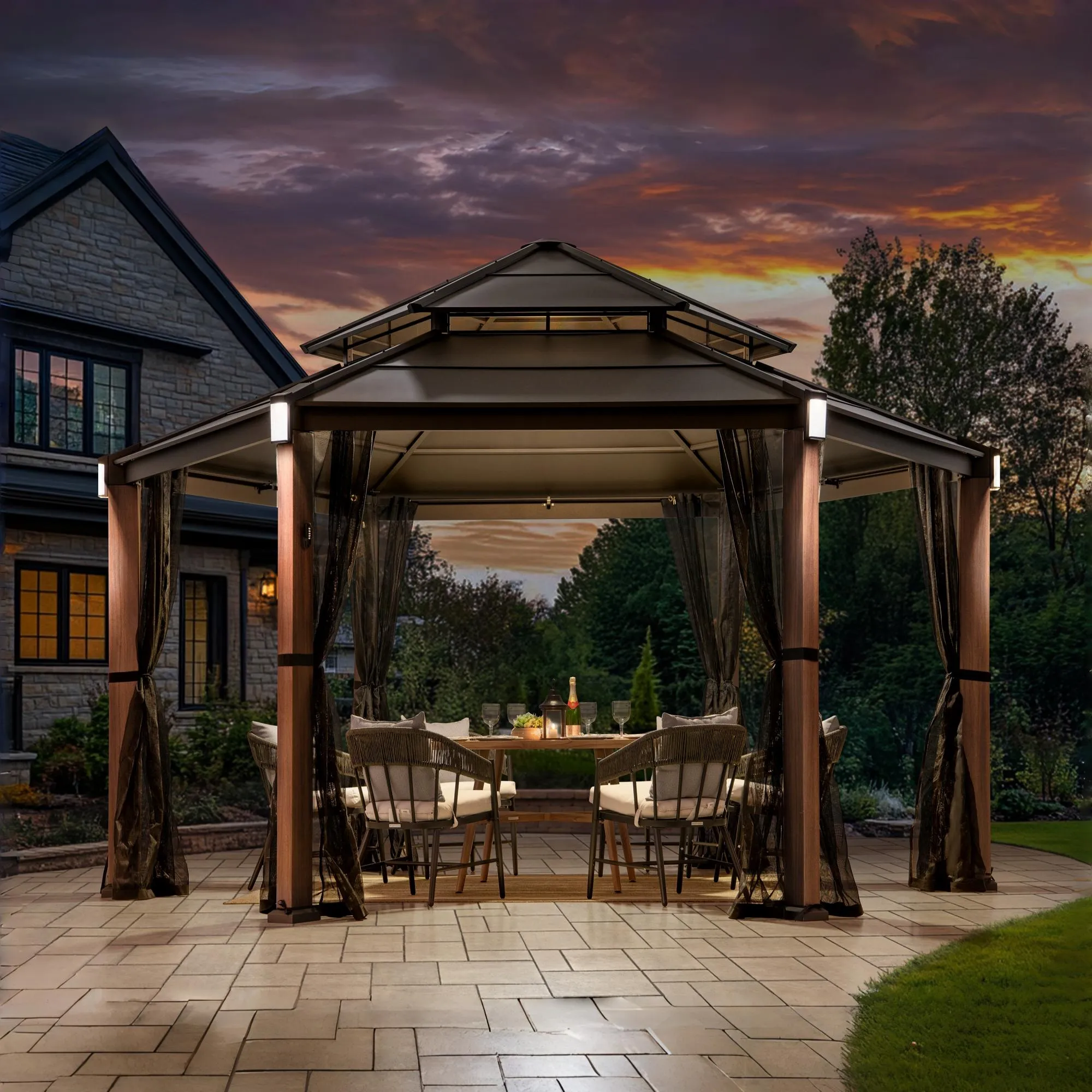 Ashland Solar Hexagon Hardtop Gazebo 15' x 15' - Woodgrain - Image 18