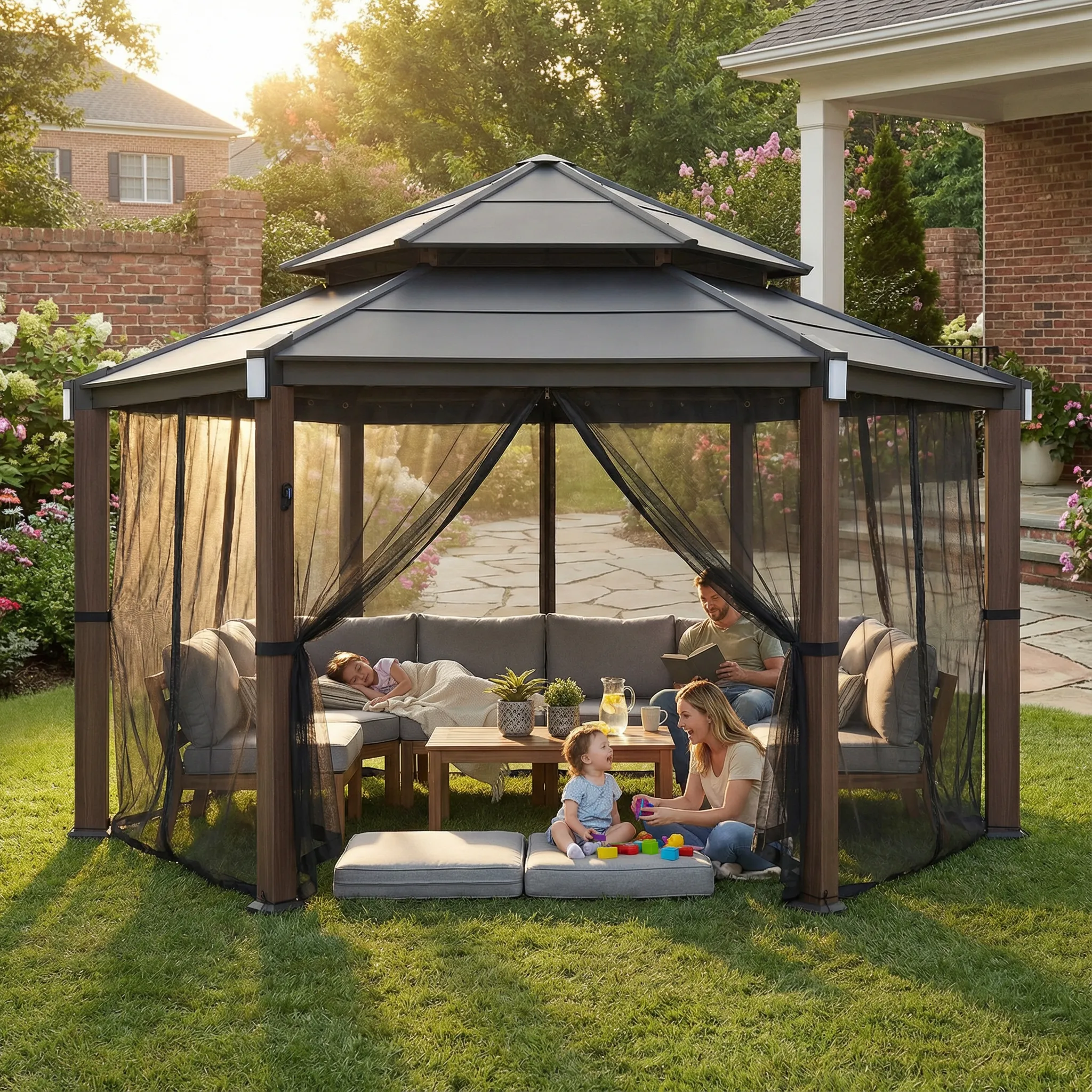 Ashland Solar Hexagon Hardtop Gazebo 15' x 15' - Woodgrain - Image 2