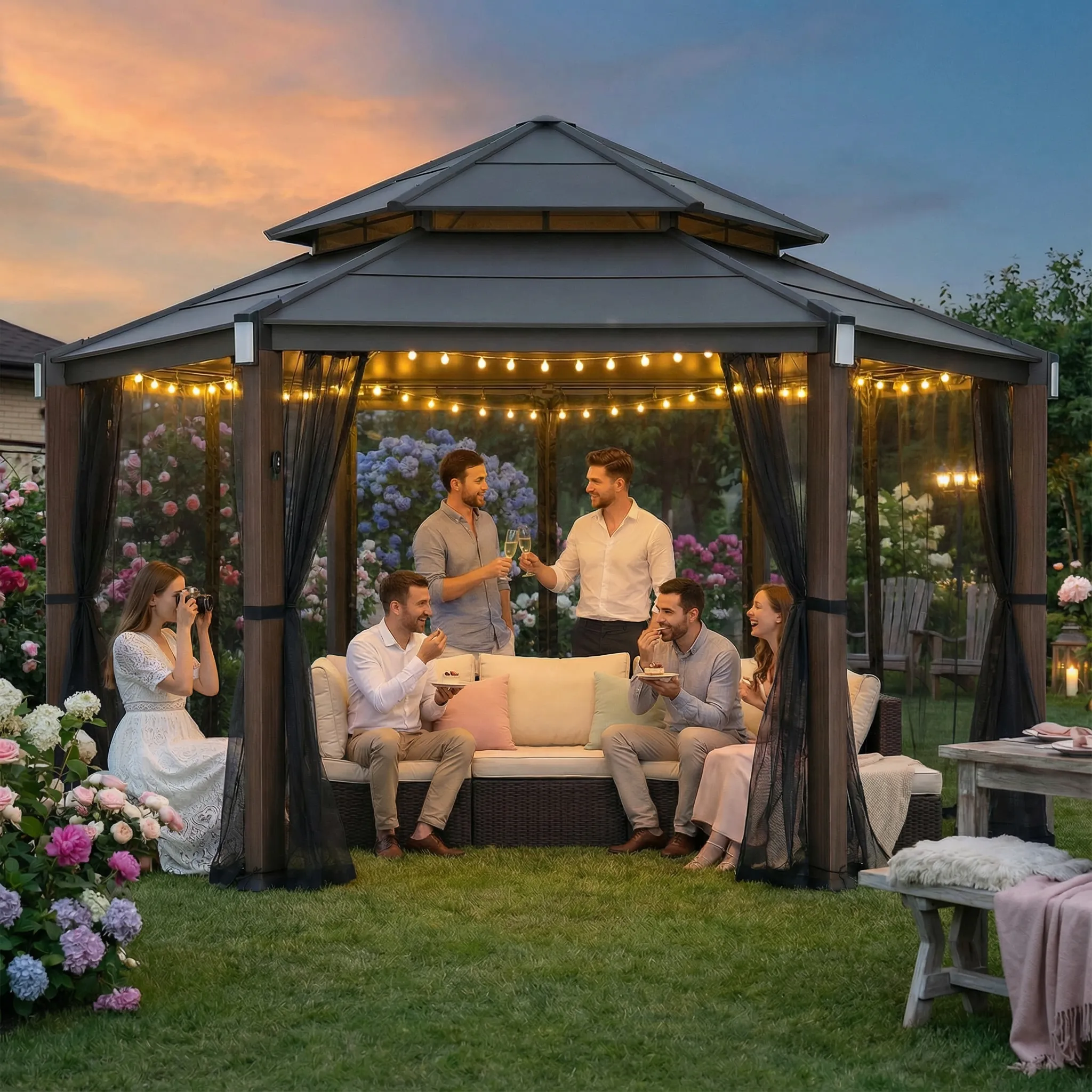 Ashland Solar Hexagon Hardtop Gazebo 15' x 15' - Woodgrain - Image 3