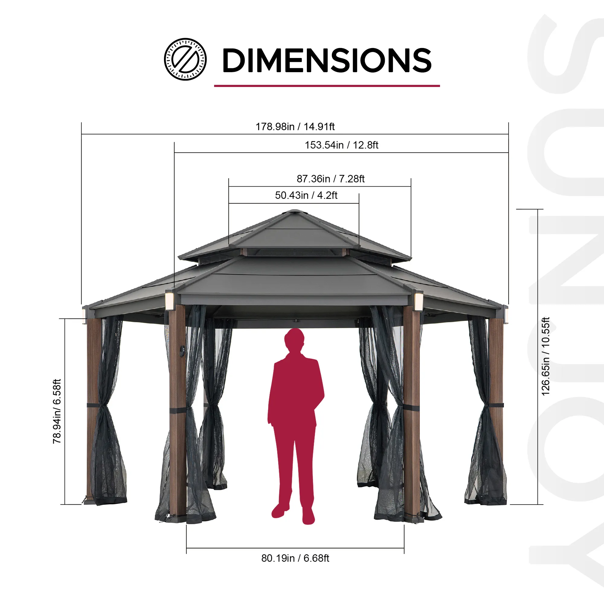 Ashland Solar Hexagon Hardtop Gazebo 15' x 15' - Woodgrain - Image 4
