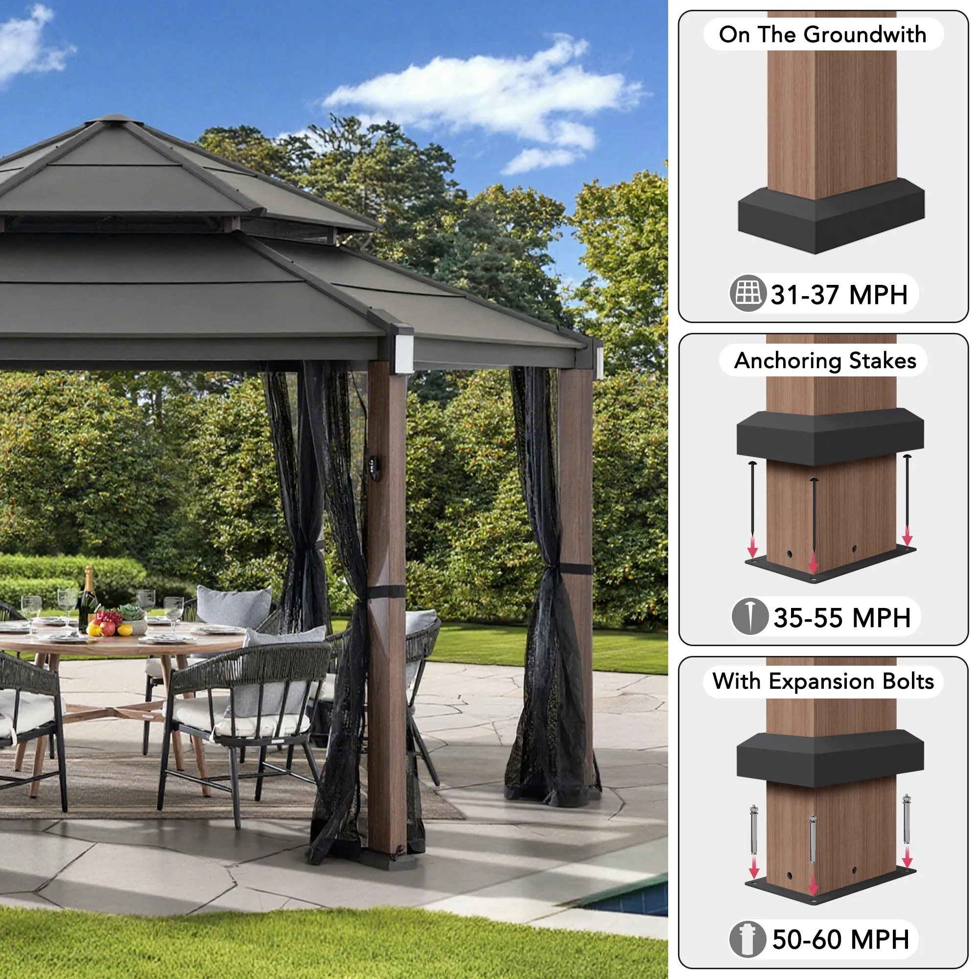 Ashland Solar Hexagon Hardtop Gazebo 15' x 15' - Woodgrain - Image 8