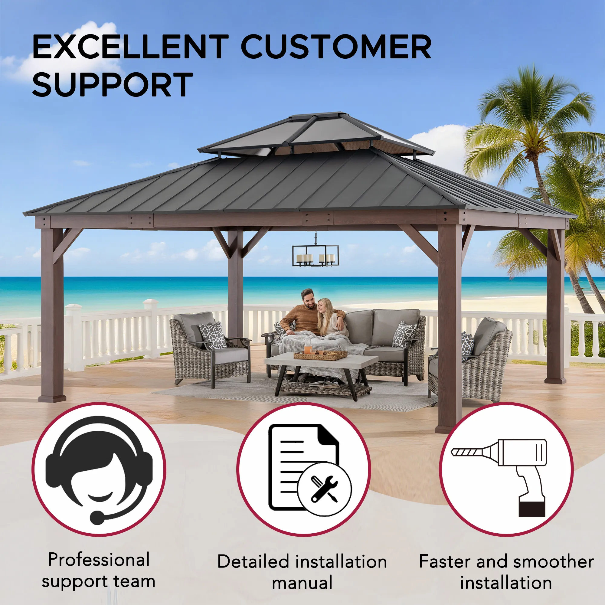 Double-Tier Metal Gazebo 16' x 18' - Wood Grain - Image 11