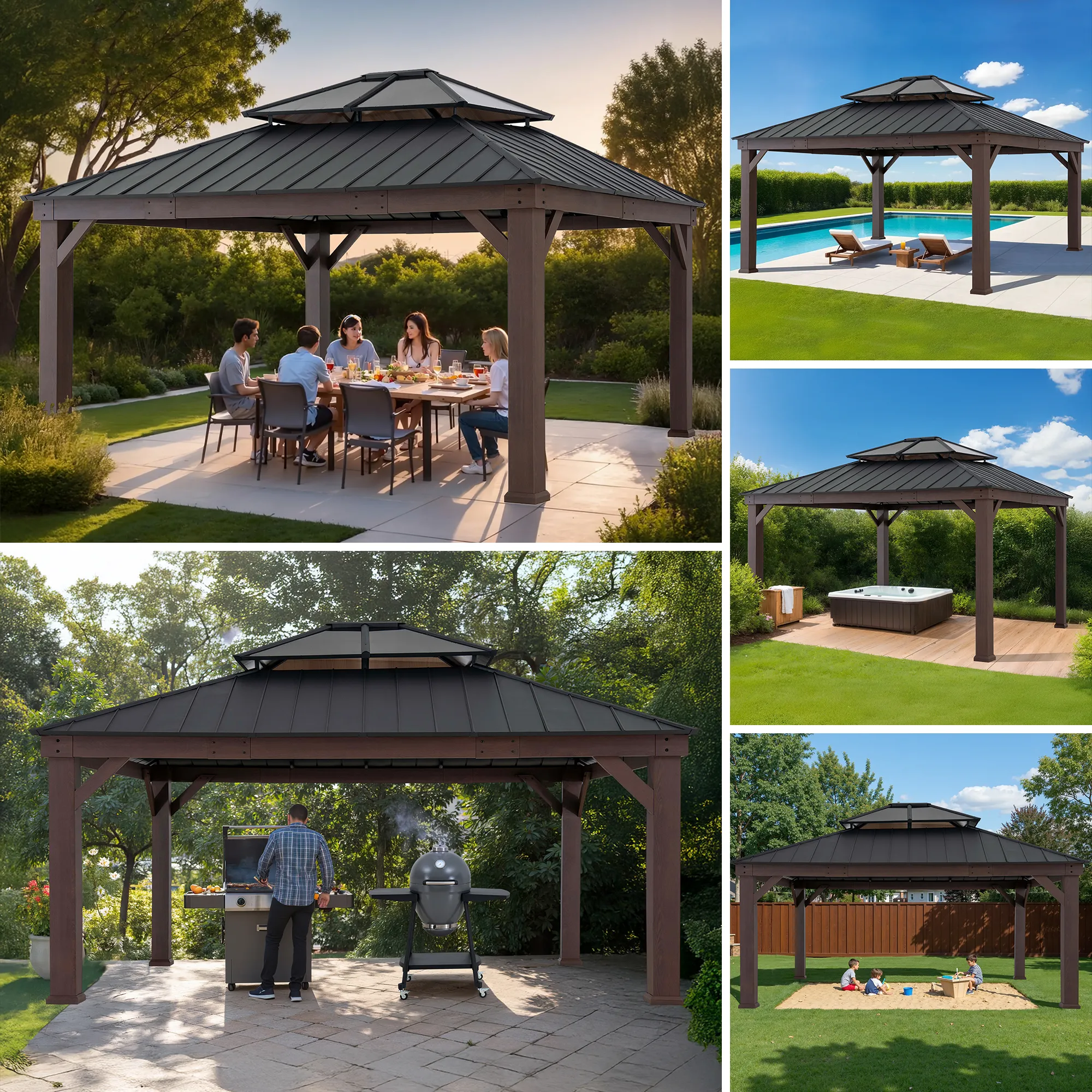 Double-Tier Metal Gazebo 16' x 18' - Wood Grain - Image 12