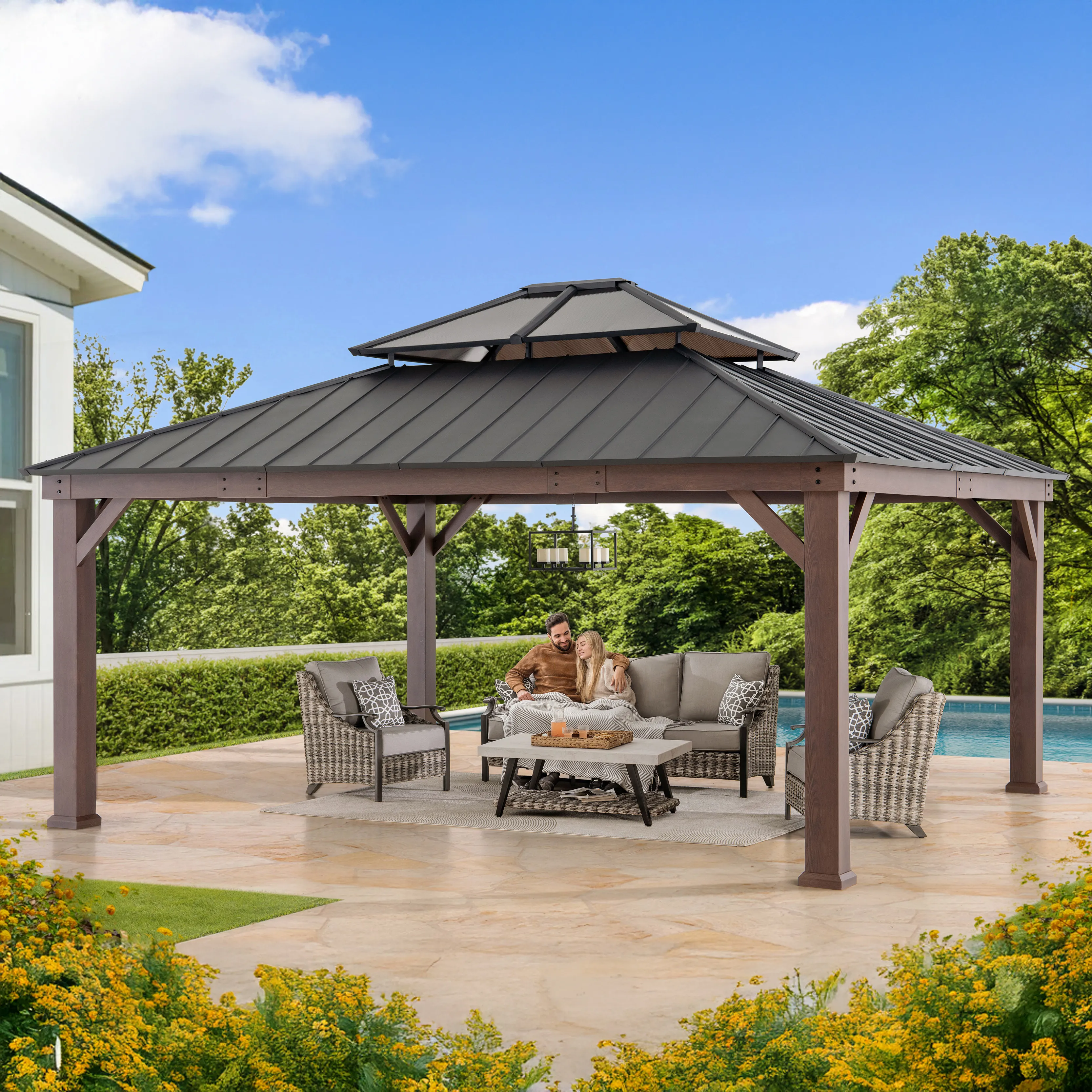 Double-Tier Metal Gazebo 16' x 18' - Wood Grain - Image 13