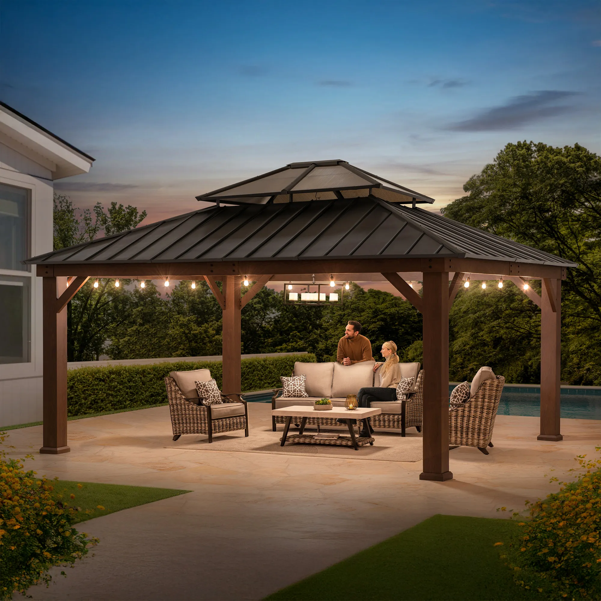 Double-Tier Metal Gazebo 16' x 18' - Wood Grain - Image 15
