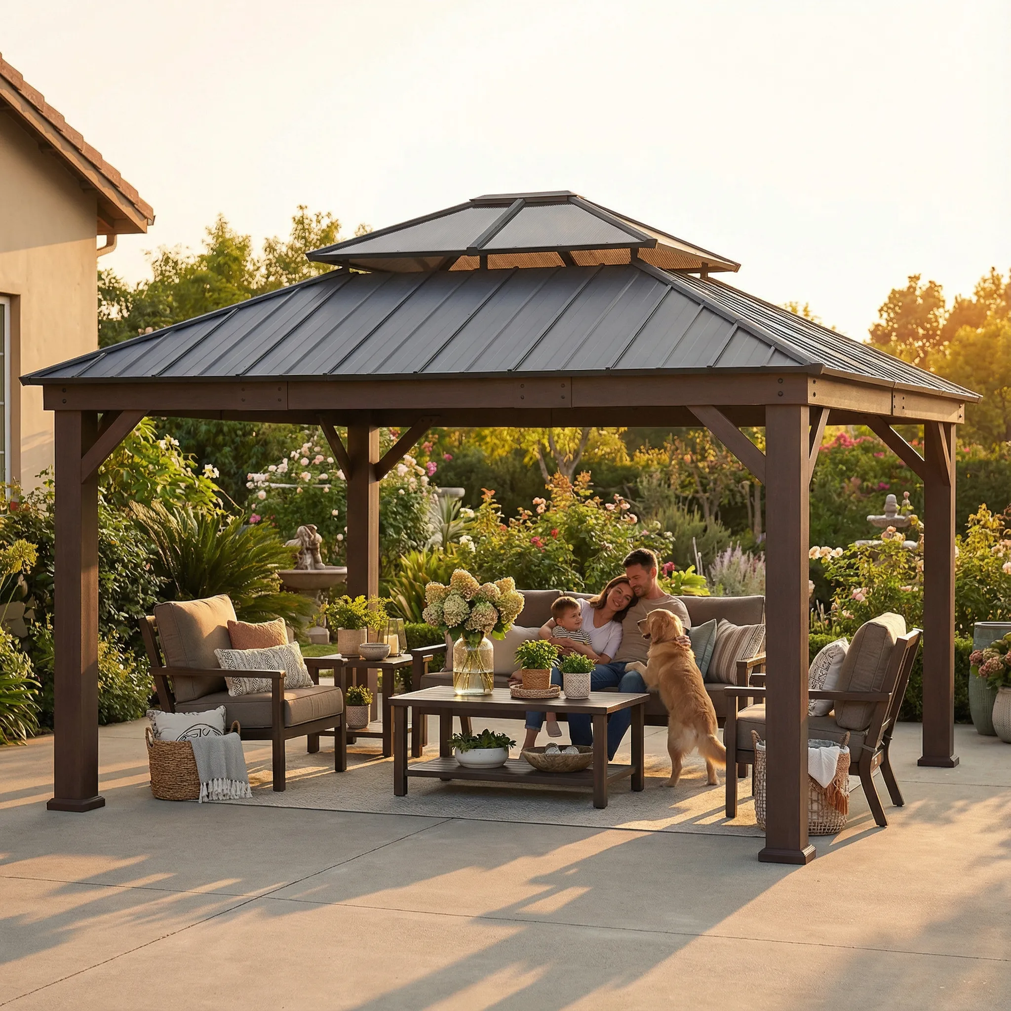 Double-Tier Metal Gazebo 16' x 18' - Wood Grain - Image 2