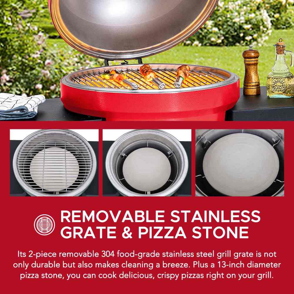 Egg-Shaped Charcoal Grill Smoker 20" - Fire Engine Red - Image 4
