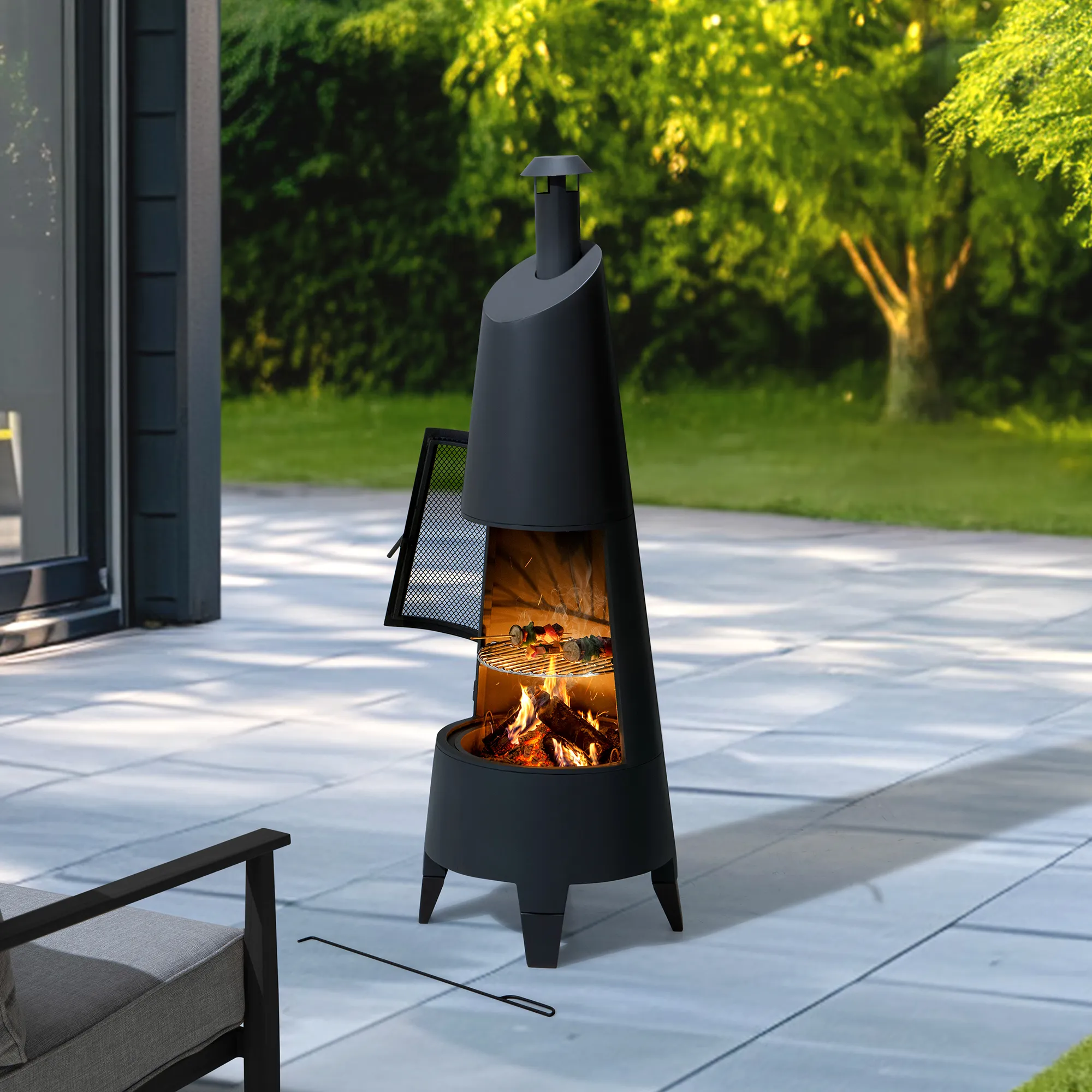 Alpine 2-in-1 Chiminea Fire Pit & Grill 57" - Black - Image 11