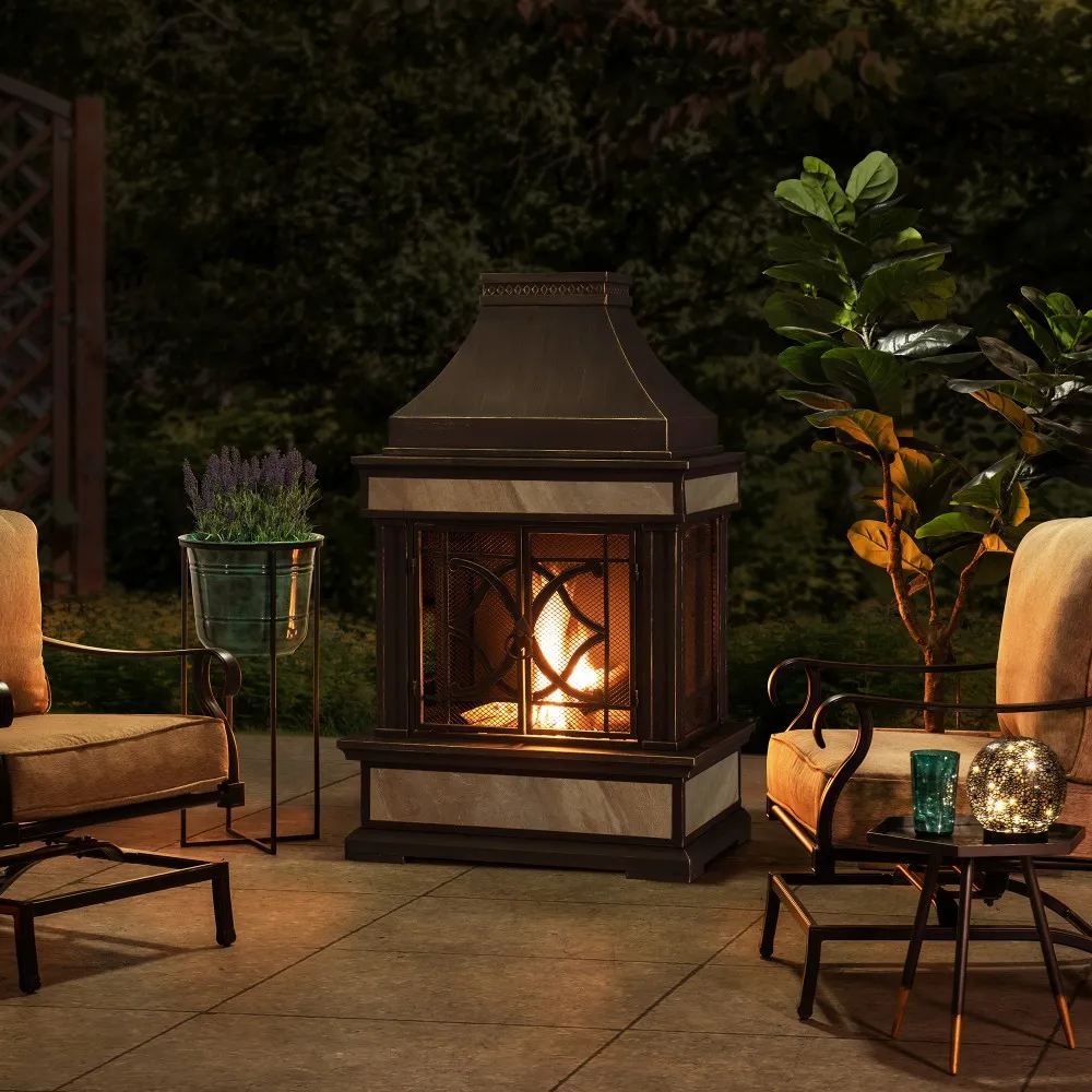 Vintage Steel Wood Burning Chiminea 57" - Matte Black & Gold - Image 10