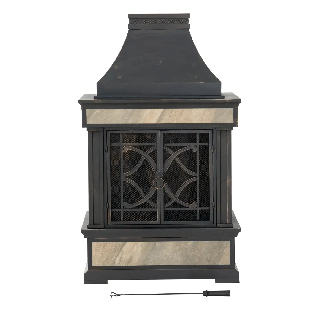Vintage Steel Wood Burning Chiminea 57" - Matte Black & Gold - Image 11