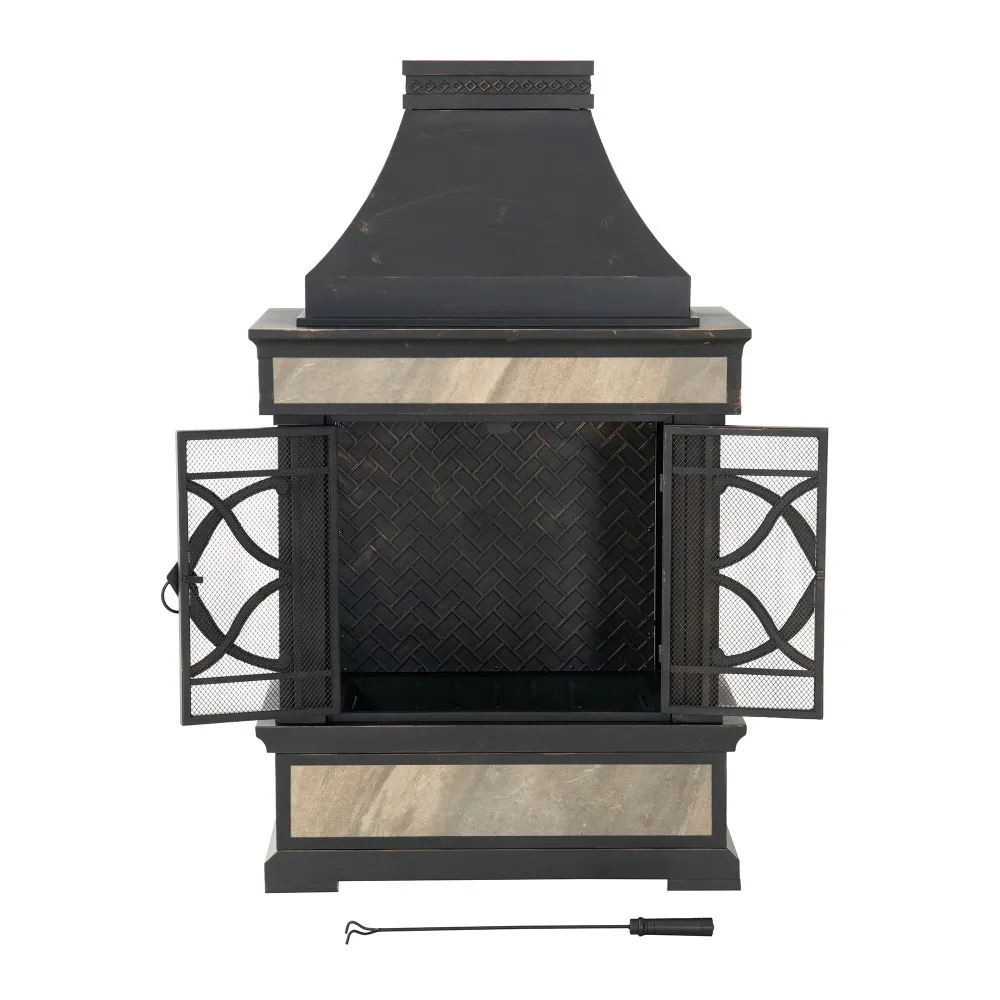 Vintage Steel Wood Burning Chiminea 57" - Matte Black & Gold - Image 12
