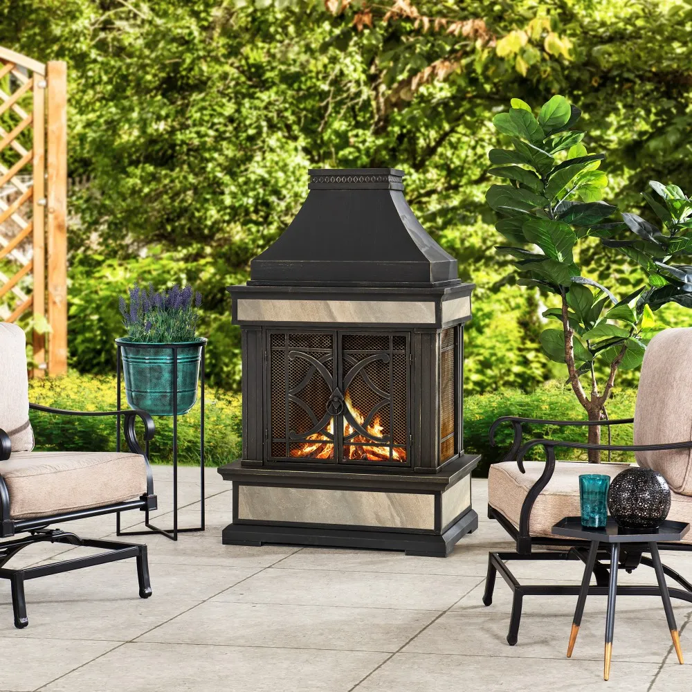 Vintage Steel Wood Burning Chiminea 57" - Matte Black & Gold - Image 2