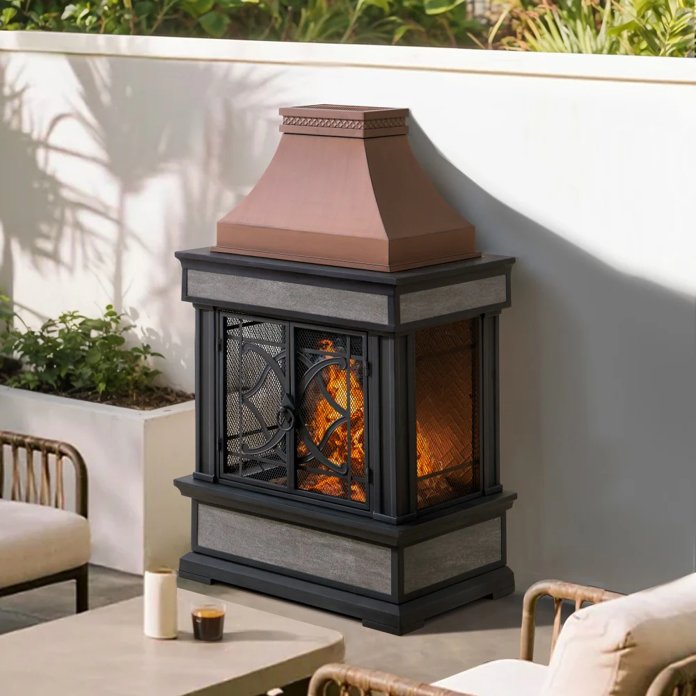 Vintage Steel Wood Burning Chiminea 57" - Antique Copper & Gray - Image 10