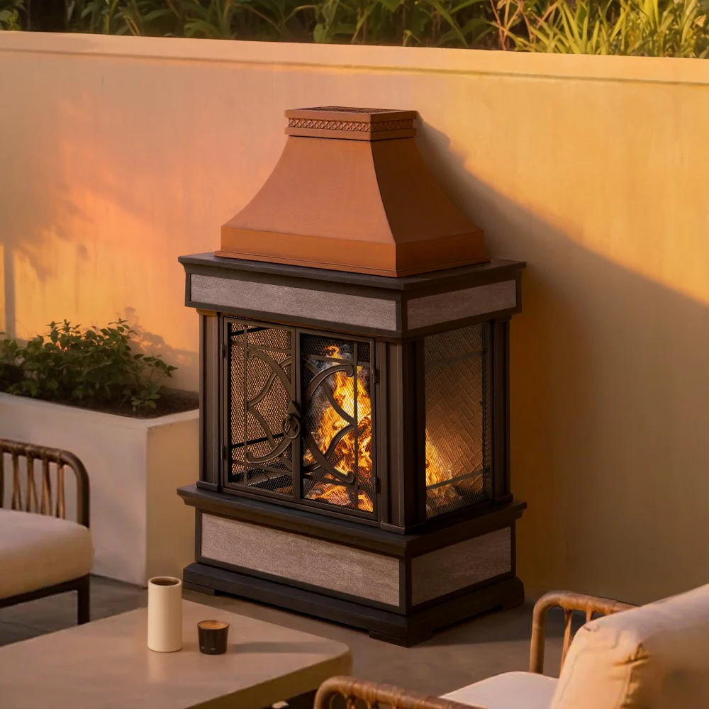 Vintage Steel Wood Burning Chiminea 57" - Antique Copper & Gray - Image 2