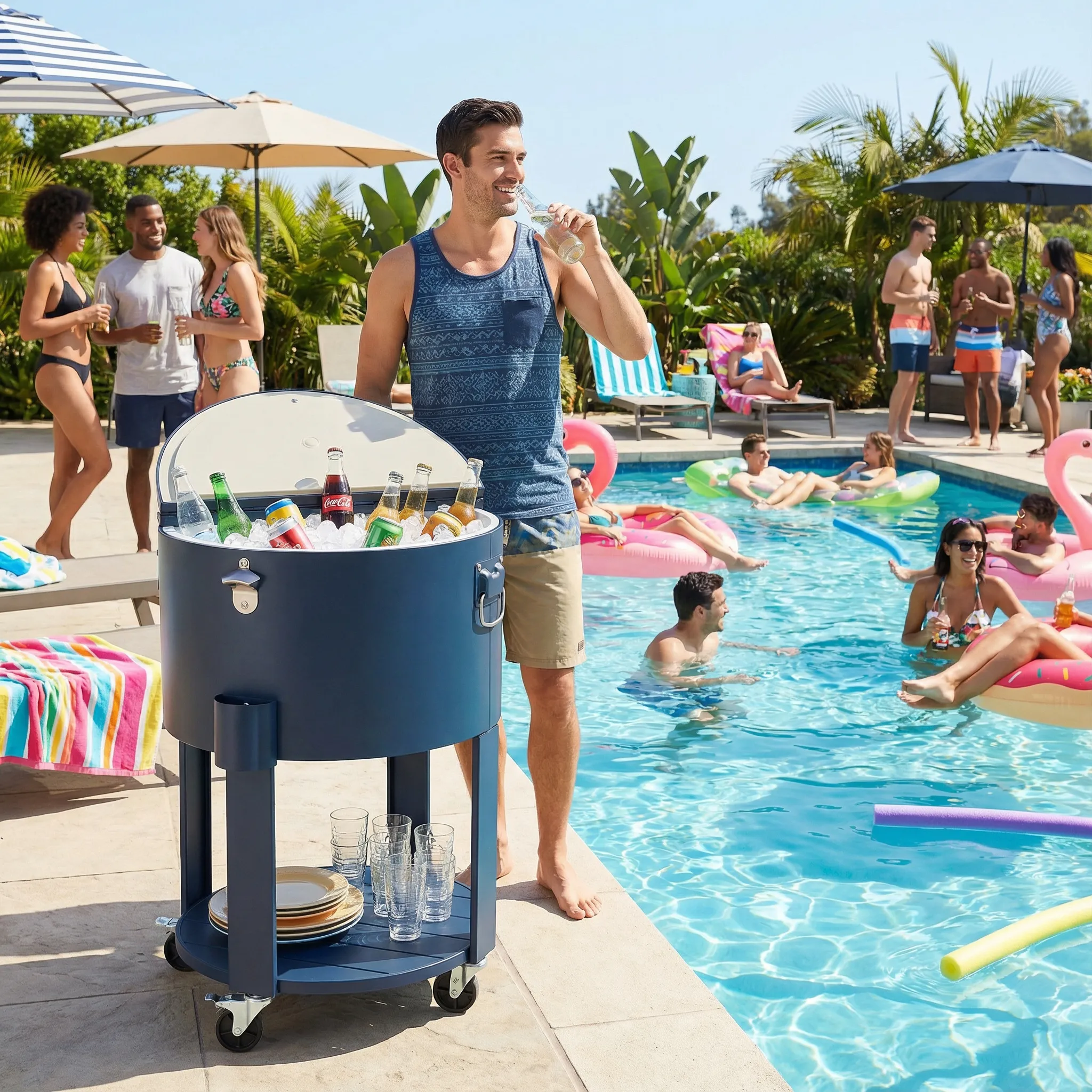 Oasis Rolling Patio Ice Chest Cart 60 Qt - Cobalt Blue