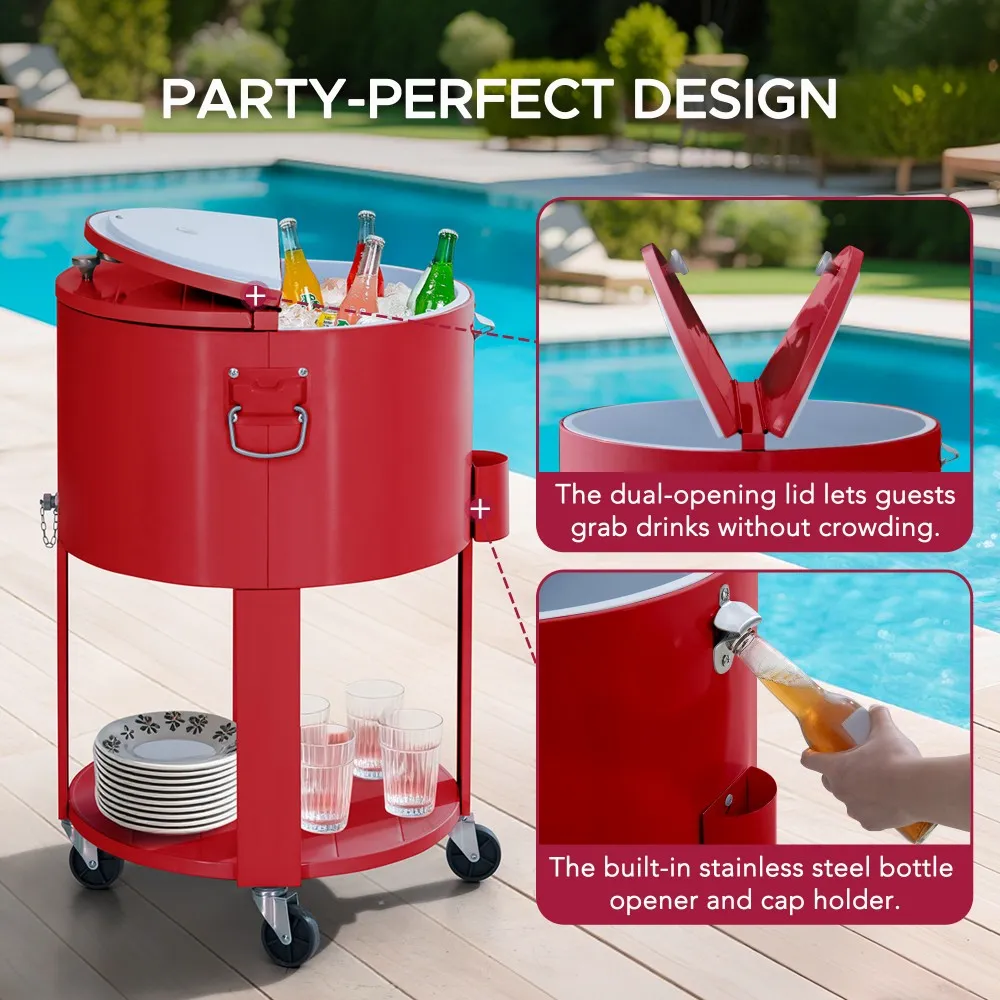 Oasis Rolling Patio Ice Chest Cart 60 Qt - Vintage Red - Image 5