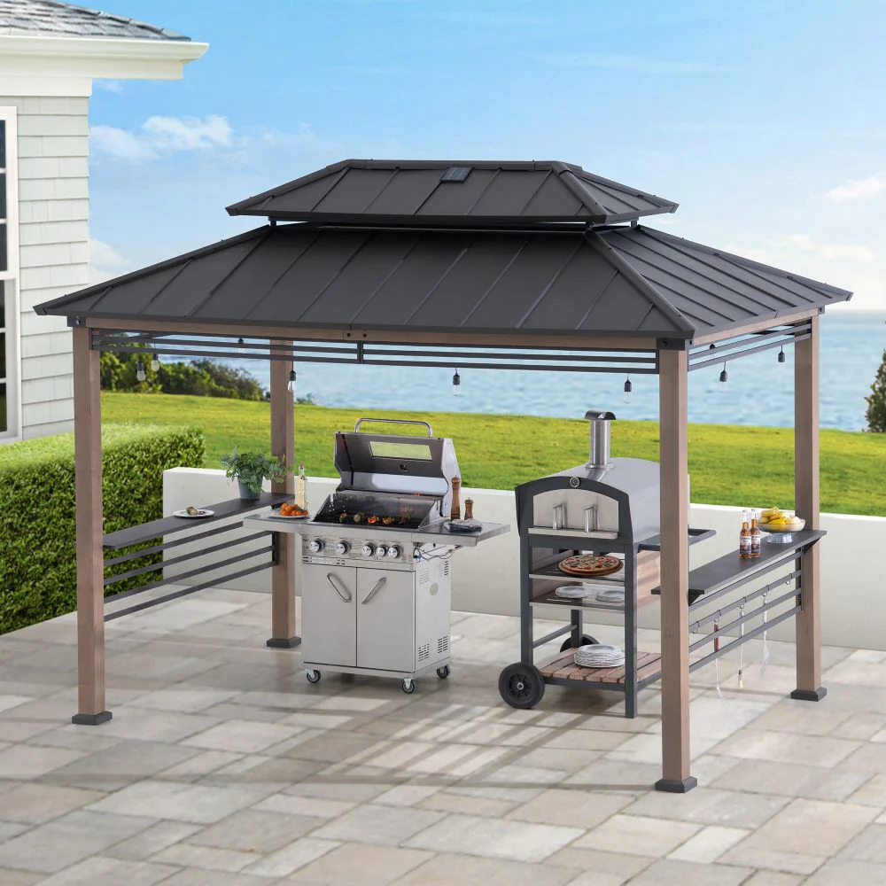 Pro-Grill Fenced Timber Solar Gazebo, 8x12 - Natural - Image 13