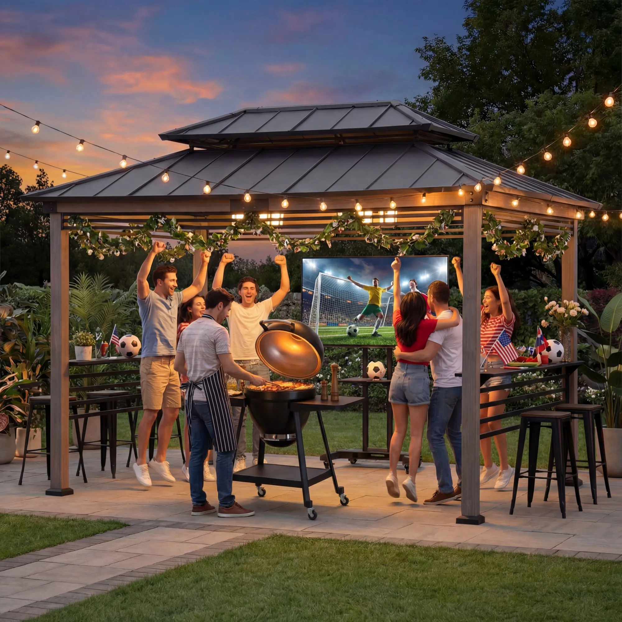 Smart Wooden Grill Gazebo with Outlets 8' x 12' - Matte Black
