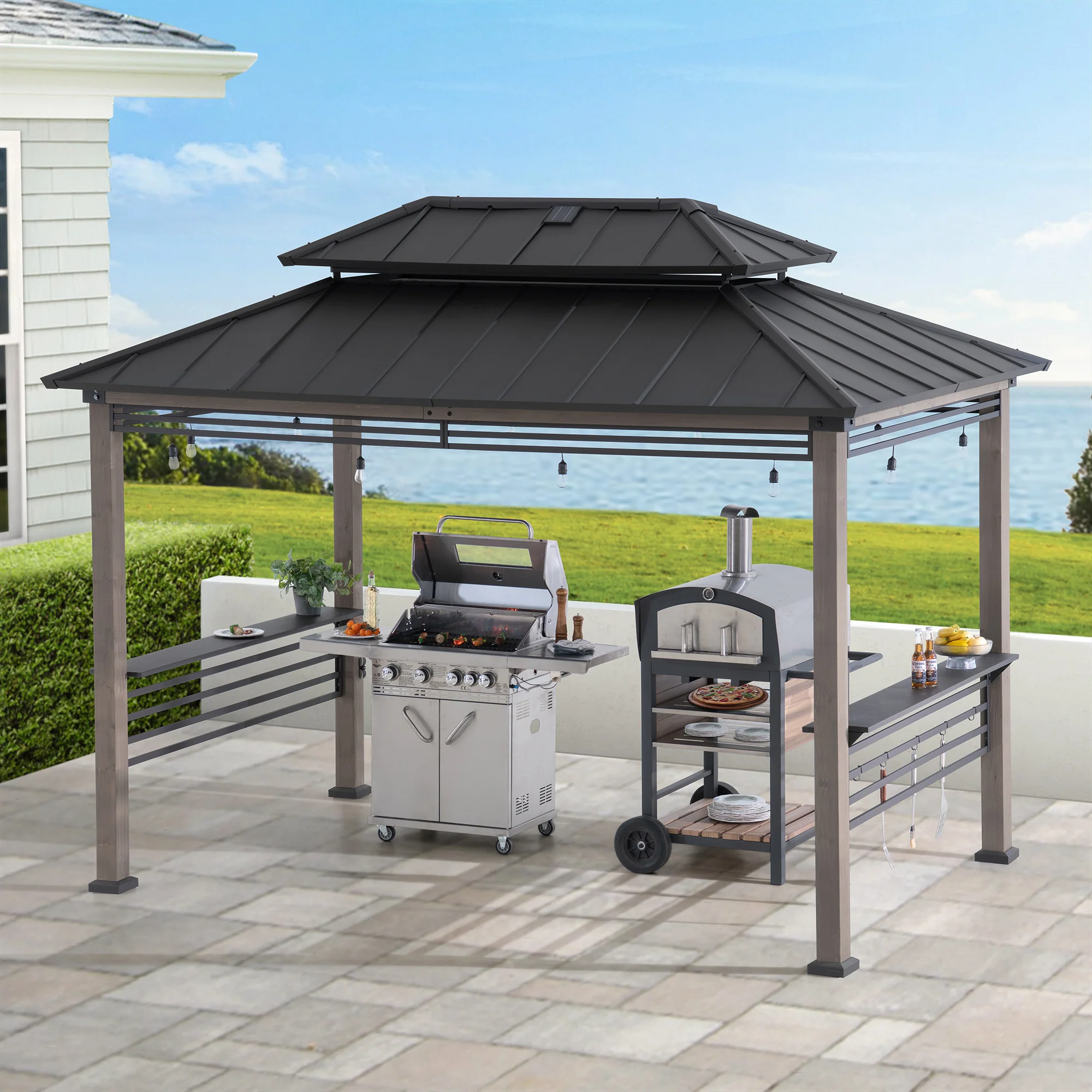 Smart Wooden Grill Gazebo with Outlets 8' x 12' - Matte Black - Image 11