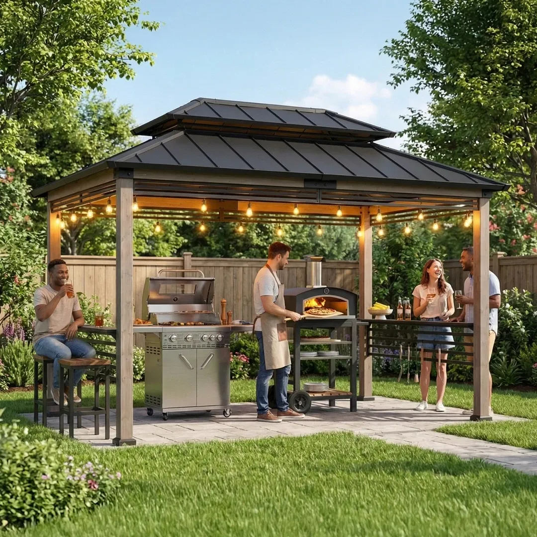 Smart Wooden Grill Gazebo with Outlets 8' x 12' - Matte Black - Image 2