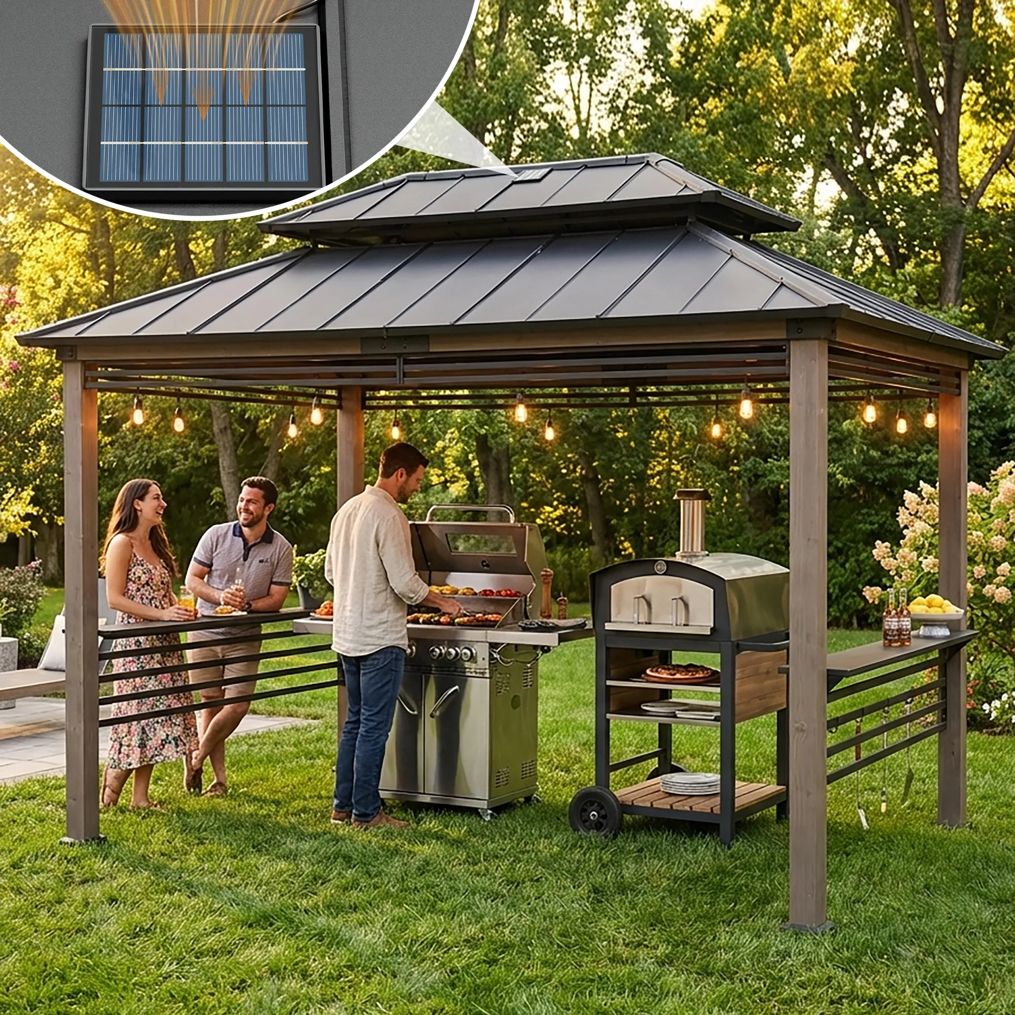 Pro-Grill Fenced Timber Solar Gazebo 8x12- Pale - Image 2